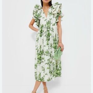 Tuckernuck Green and White Floral Ruffle Midi Dress